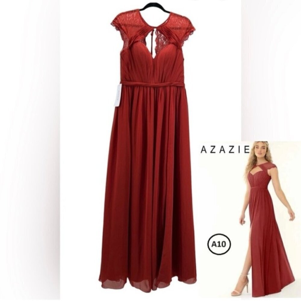 Azazie - Women's Cicely Rust Flowy Lace Chiffon bridesmaids Dress-Rust. Size:A10